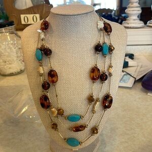 Necklace, Erica Lyons three strand eclectic beaded necklace, Gold Tone